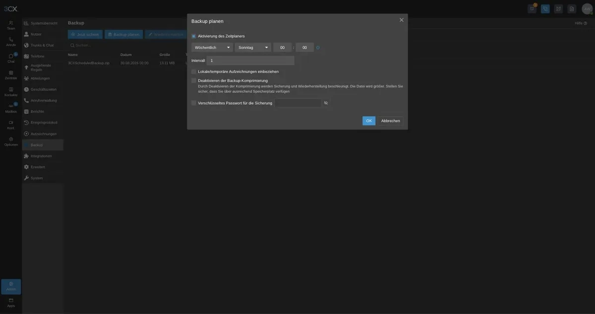 Dialogfenster für den 3CX-Backup-Zeitplan mit Zeitplan-Typ, Intervall und Optionen für lokale Aufzeichnungen sowie Backup-Verschlüsselung