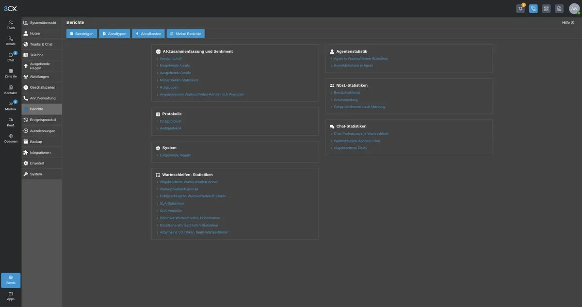 3CX Anrufberichte-Übersicht im Reporting-Modul mit Liste der verfügbaren Report-Typen