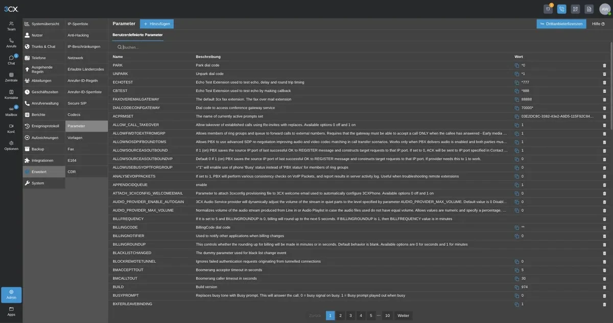 Erweitert → Parameter im 3CX-Admin-Portal mit der Liste der Systemparameter