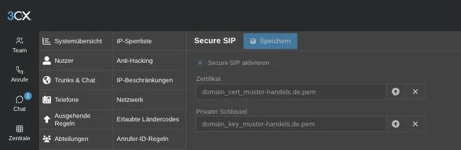 Secure-SIP-Einstellungen in 3CX mit Zertifikat- und Schlüsseldatei