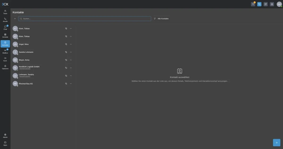 Kontakt- und Telefonbuchansicht im 3CX Webclient mit Suchfeld und Kontaktliste
