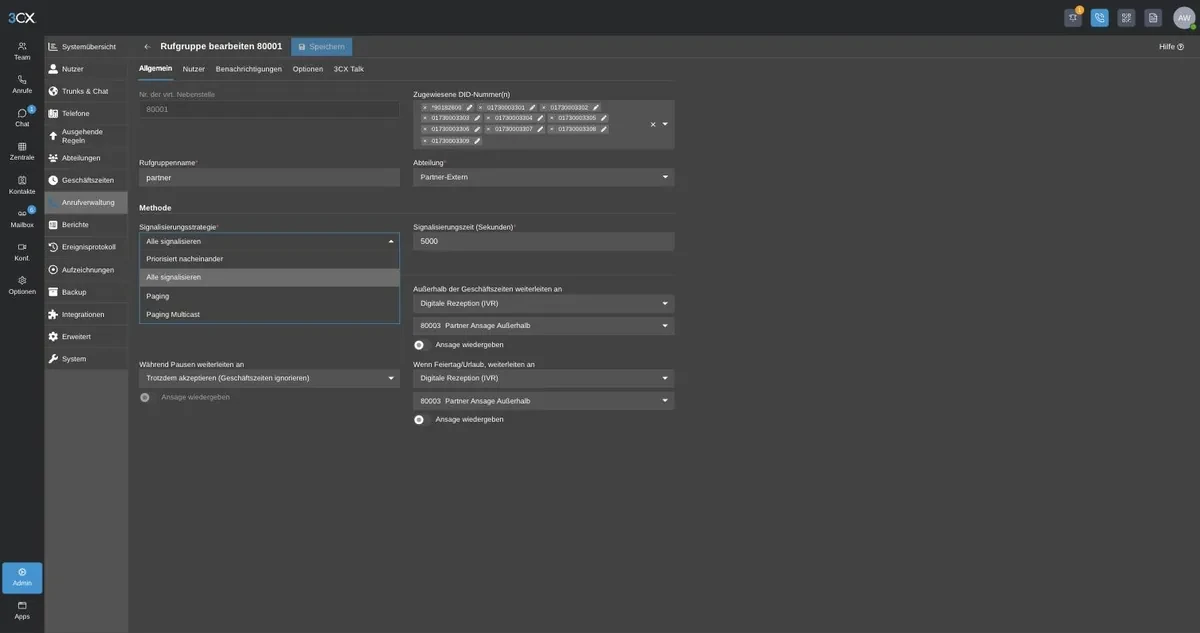Dropdown mit den vier Signalisierungsstrategien einer 3CX-Rufgruppe