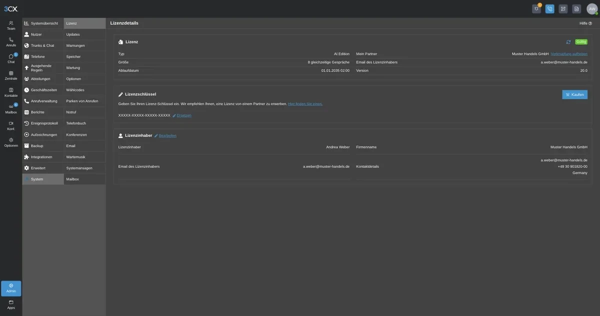 3CX Management Console, Bereich System > Lizenz: Lizenzdetails mit Edition (AI Edition), Größe (8 gleichzeitige Gespräche), Ablaufdatum und Lizenzinhaber-Angaben