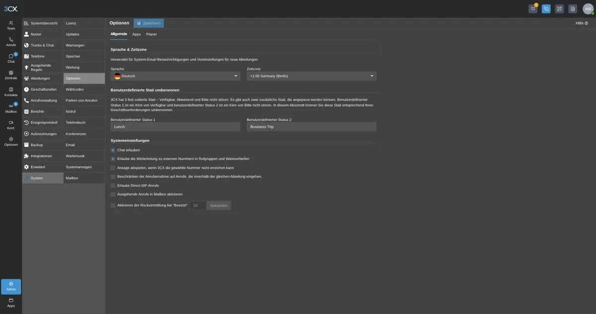 Allgemeine Systemoptionen im 3CX-Admin-Portal