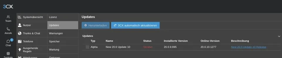 Updates-Seite in 3CX mit einer verfügbaren Systemaktualisierung, installierter und verfügbarer Online-Version