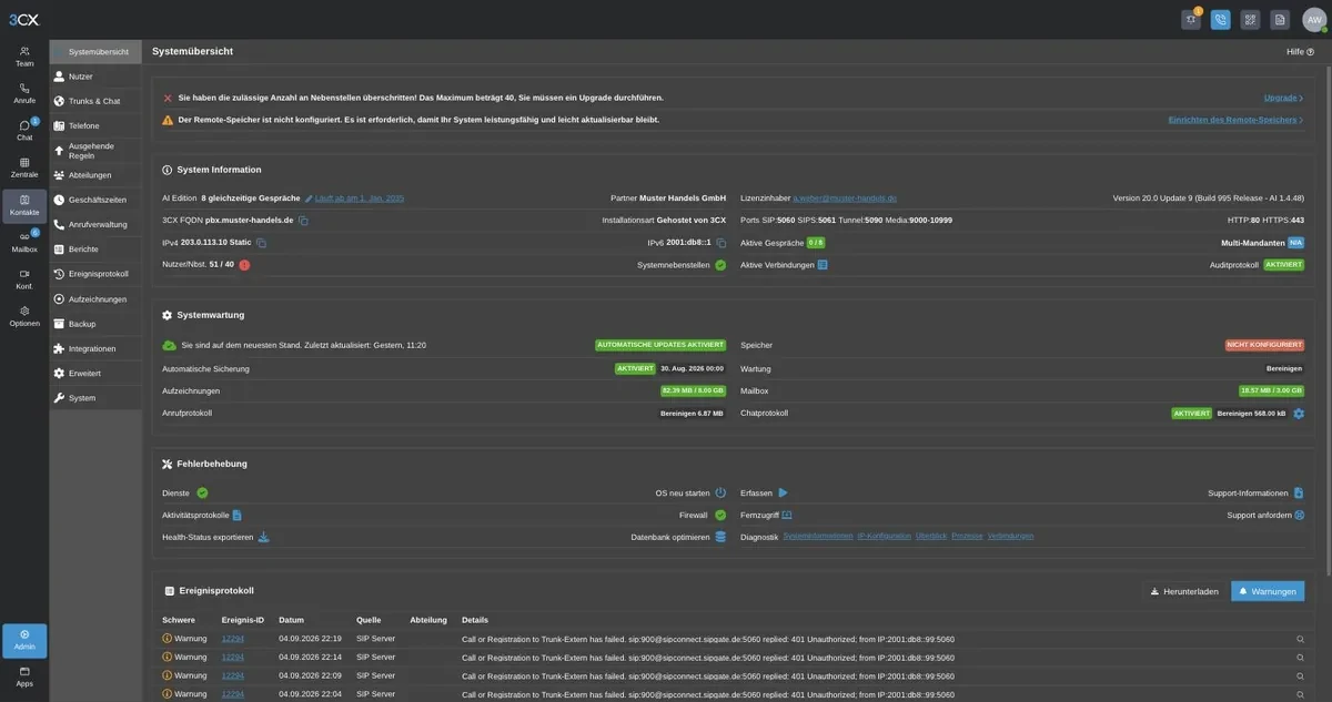 3CX Management Console Systemübersicht mit Warnhinweis „Sie haben die zulässige Anzahl an Nebenstellen überschritten! Das Maximum beträgt 40. Sie müssen ein Upgrade durchführen.
