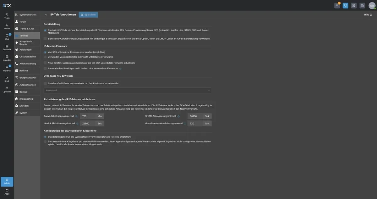 IP-Telefon-Optionen in 3CX mit Provisioning-Einstellungen und dem Hinweistext zum Deaktivieren bei Nutzung von DHCP-Option 66